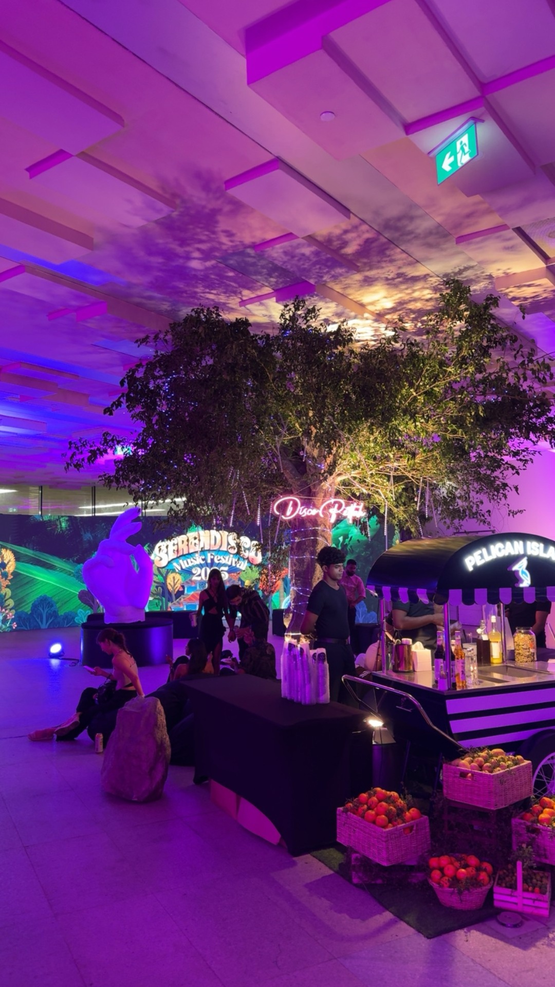 Pelican Island bar live - guests under the tree, purple-pink wash at peak hours