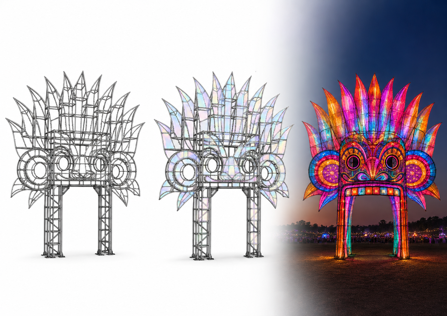 From steel frame to dichroic skin to lit final - material transformation study