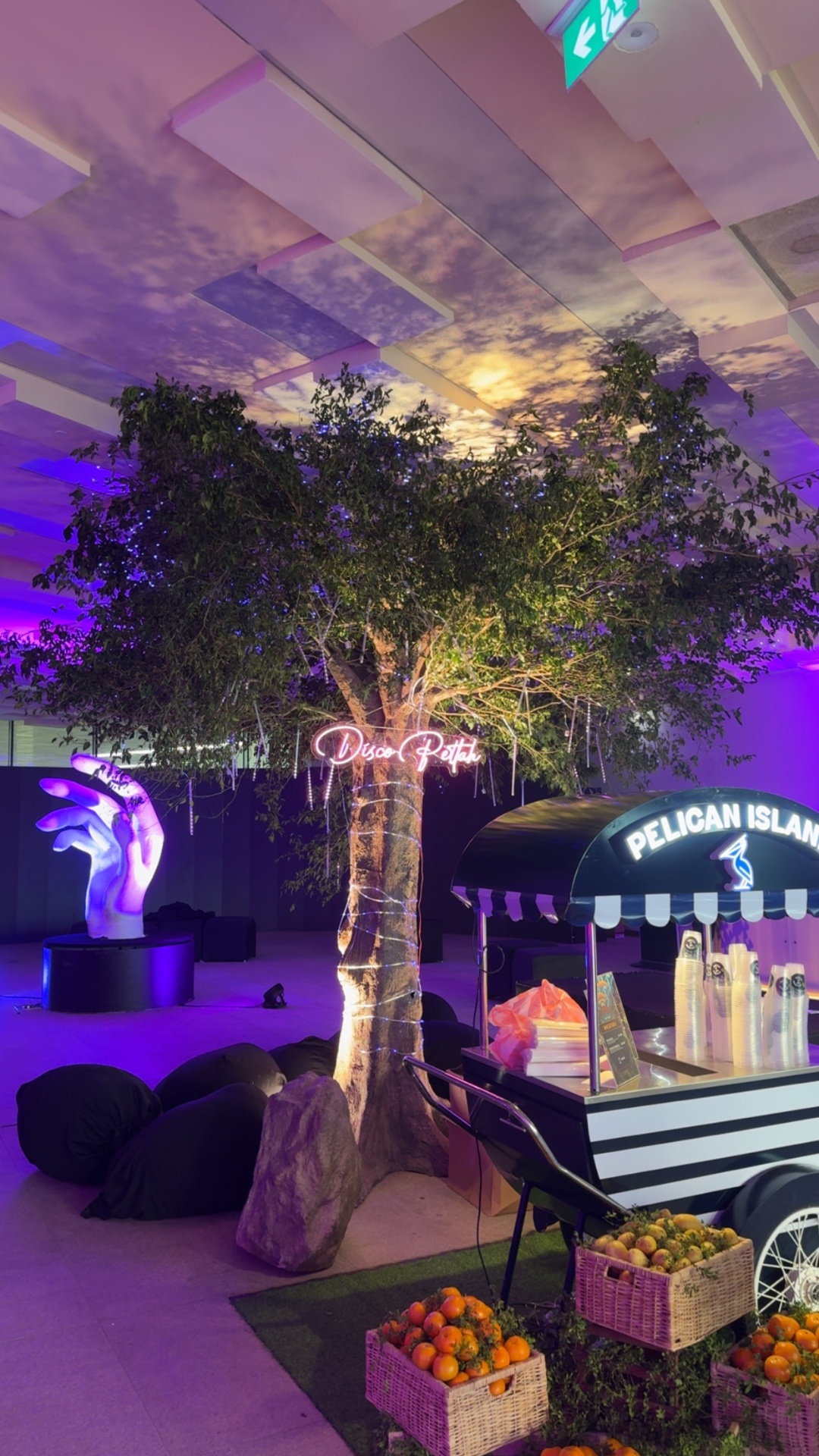 Disco Pettah at night - sunset ceiling projection, Tree of Life in warm fairy lights