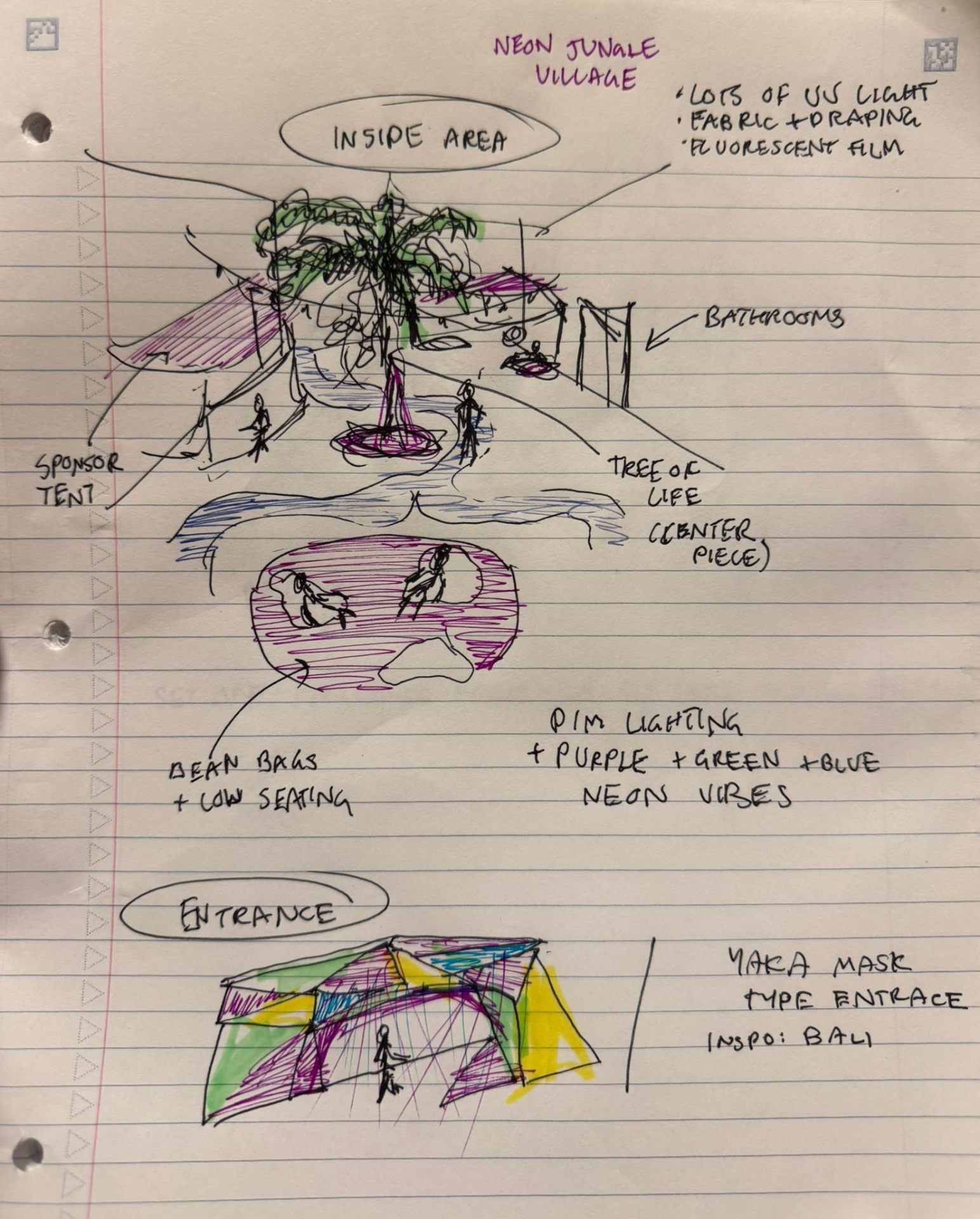 Initial sketch - entrance, Neon Jungle Village, Tree of Life centerpiece
