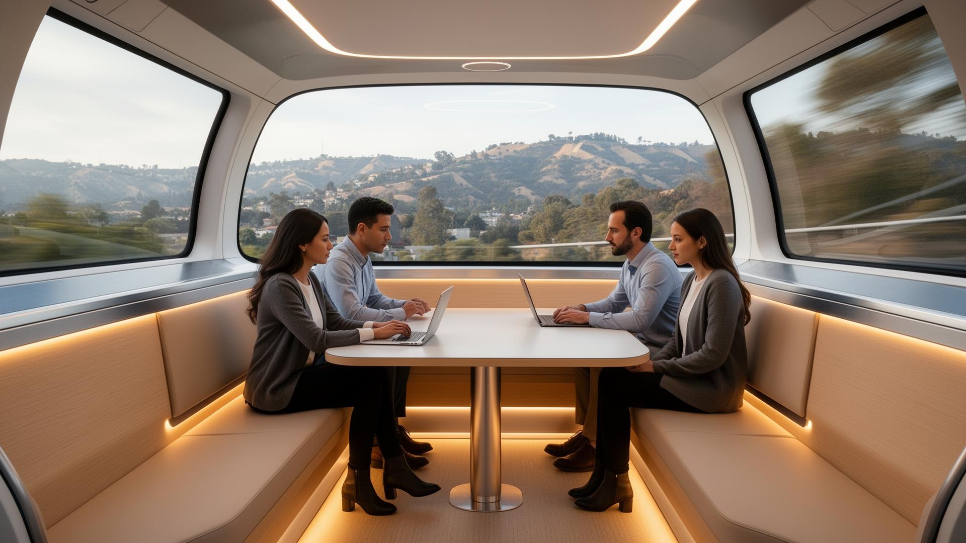 Cabin study - facing seats, work surface, onboard WiFi and charging